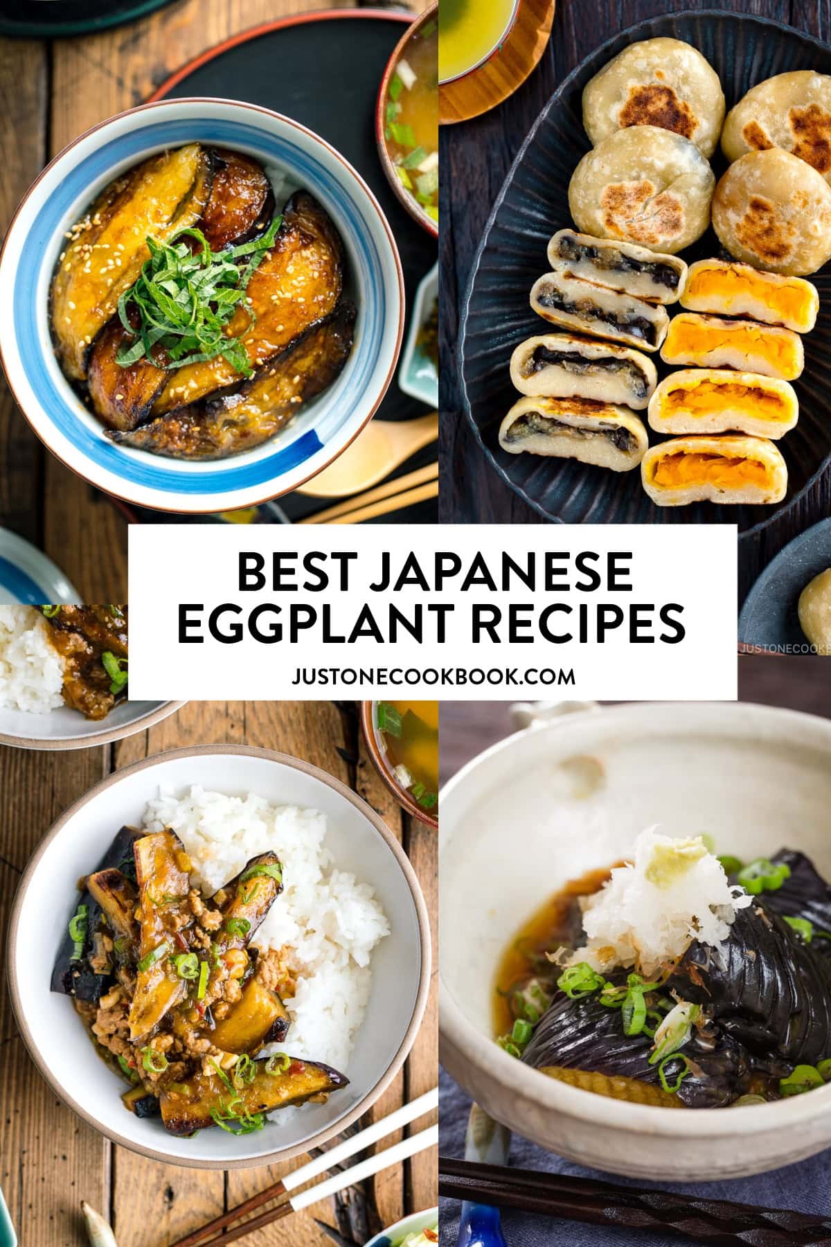 a collage of popular Japanese eggplant recipes, including mapo eggplant, glazed eggplant rice bowl and grilled eggplant