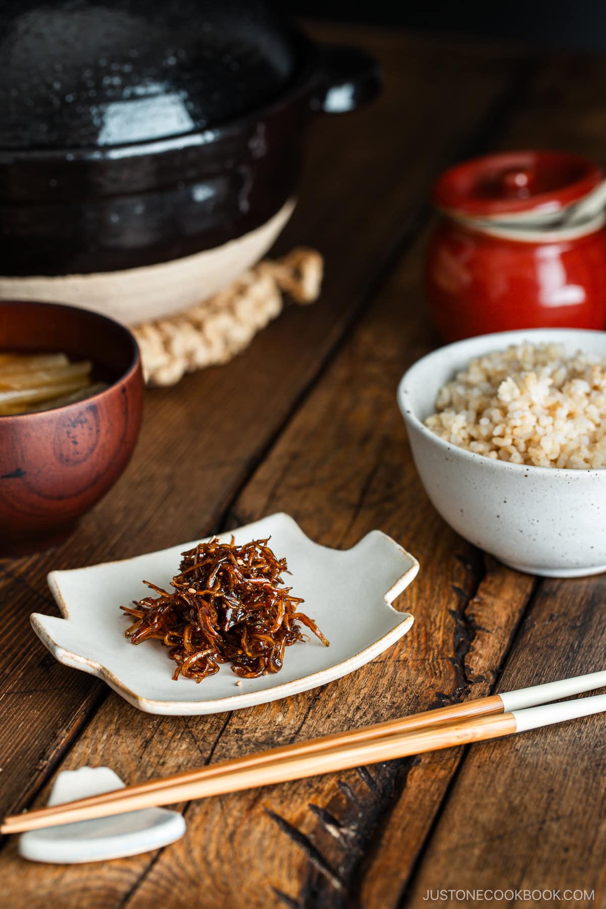 Baby Sardine Tsukudani (Jako Tsukudani) on a ceramic plate.