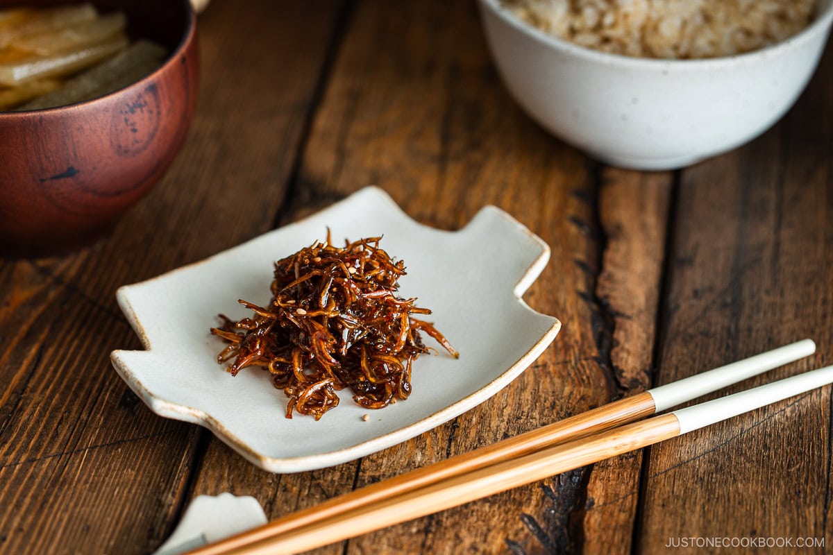 Baby Sardine Tsukudani (Jako Tsukudani) on a white ceramic plate.