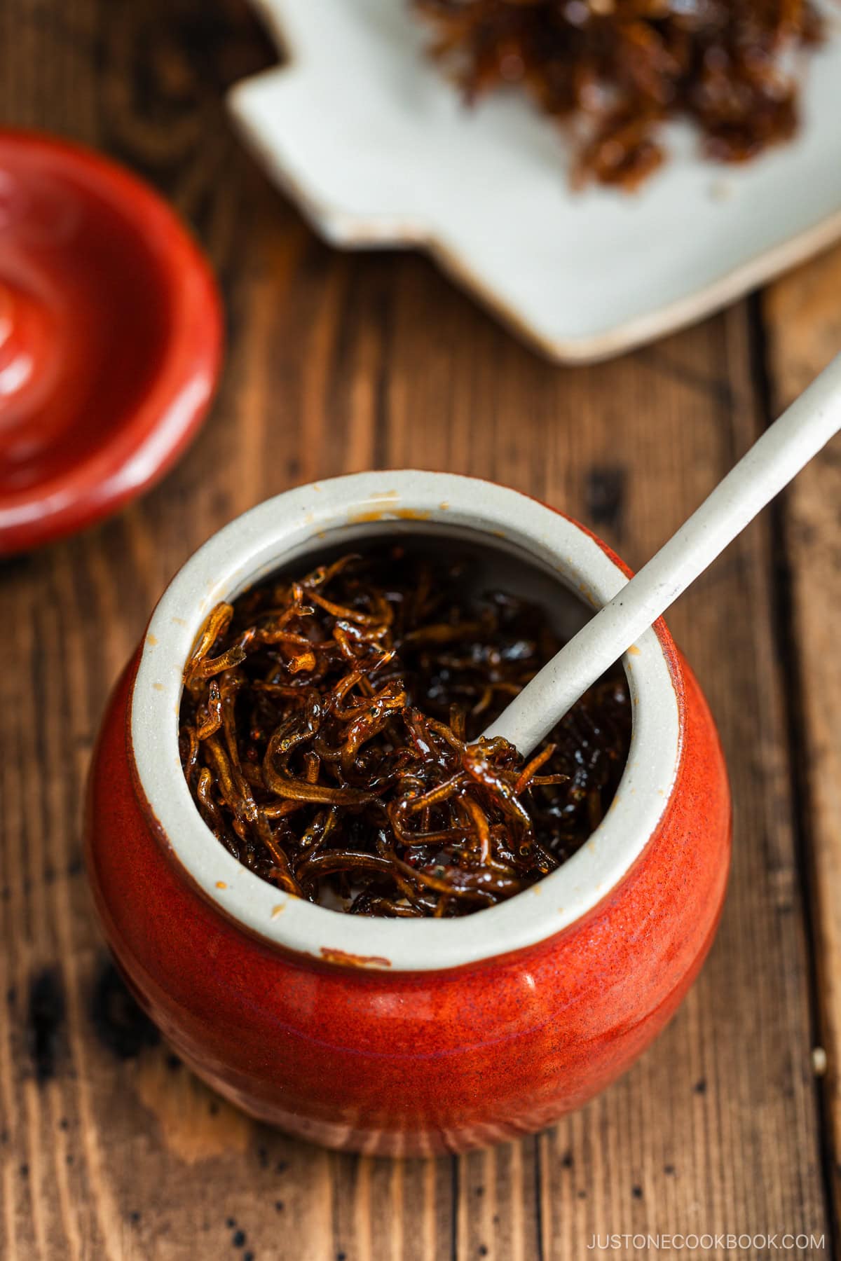 A ceramic jar containing Baby Sardine Tsukudani (Jako Tsukudani)