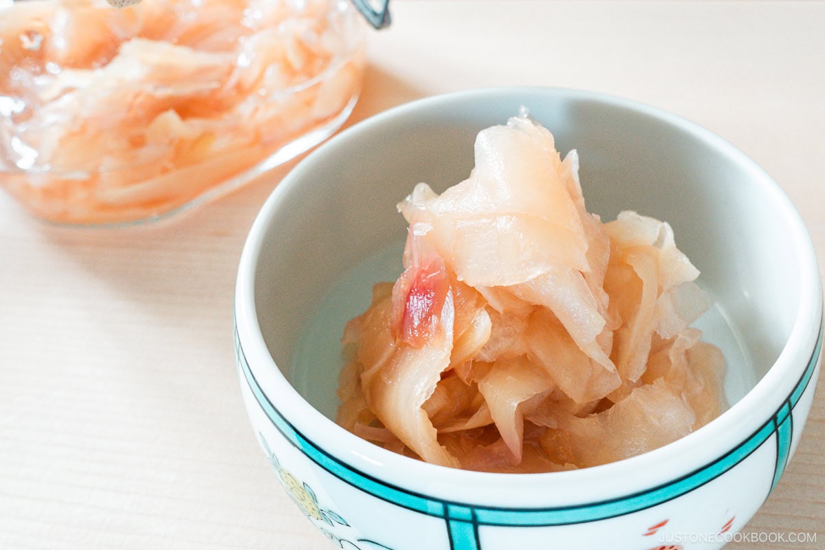 Pickled Sushi Ginger is presented in a ceramic bowl.
