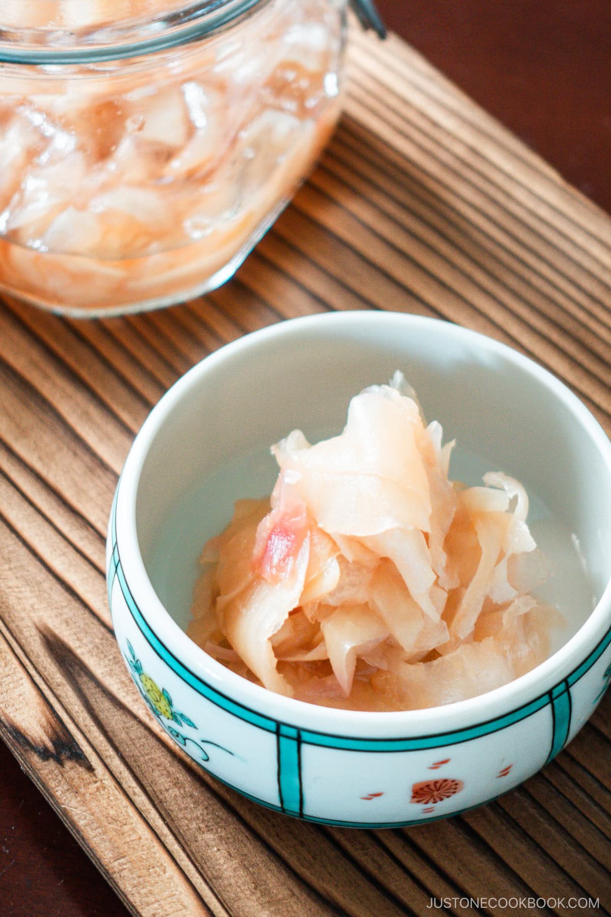 Pickled Sushi Ginger is presented in a ceramic bowl.