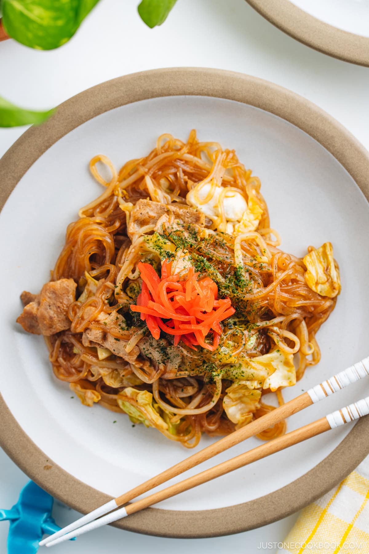 A plate containing Yakisoba with Malony Glass Noodles.
