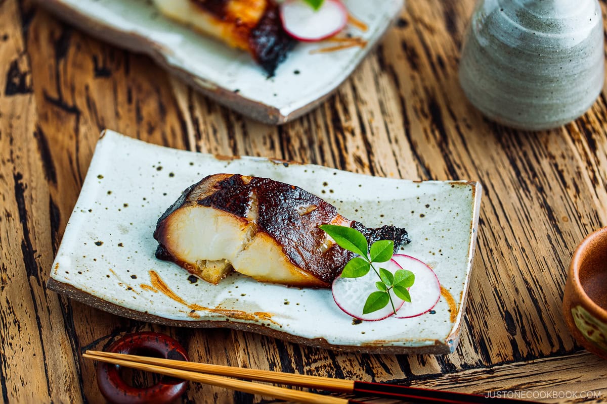 A rectangular plate containing Miso Cod.