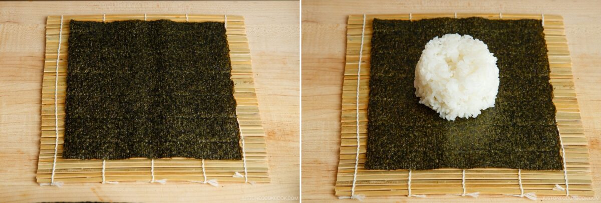 Side-by-side images show a bamboo sushi rolling mat with a sheet of nori. On the left, the nori is plain; on the right, there is a mound of white sushi rice in the center, ready for making ehomaki.