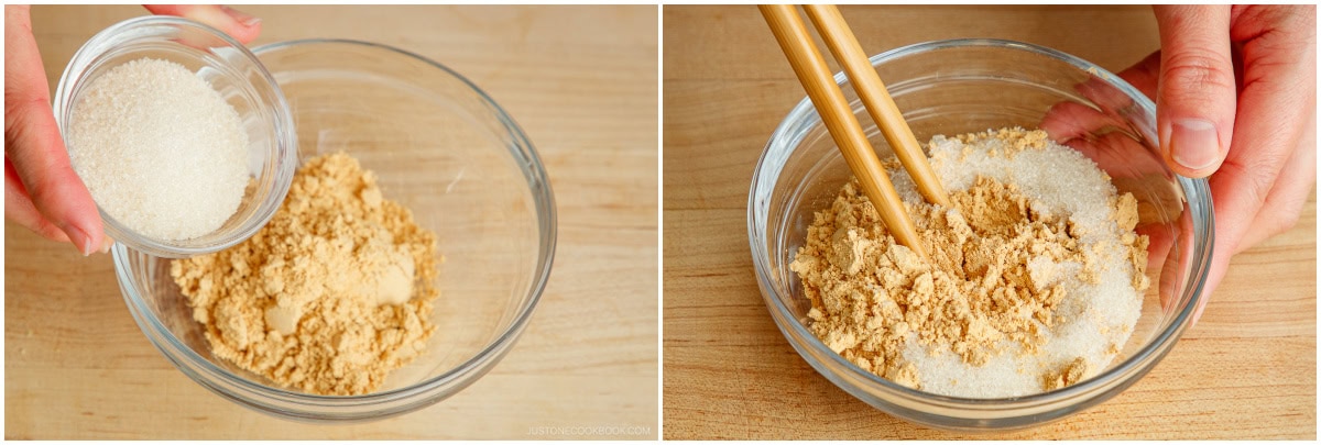 Two photos: On the left, a hand pours white sugar into a bowl filled with kinako powder. On the right, sugar and kinako are being mixed in the bowl with chopsticks—perfect for making delicious kinako mochi on a wooden surface.