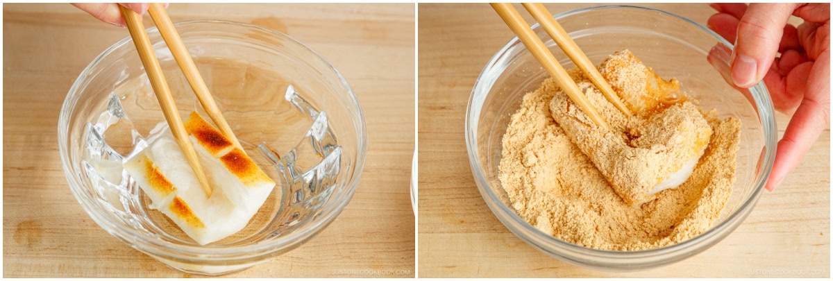 Two photos: On the left, roasted mochi is held by chopsticks over a glass bowl. On the right, the kinako mochi is coated in soybean flour with chopsticks in a glass bowl.