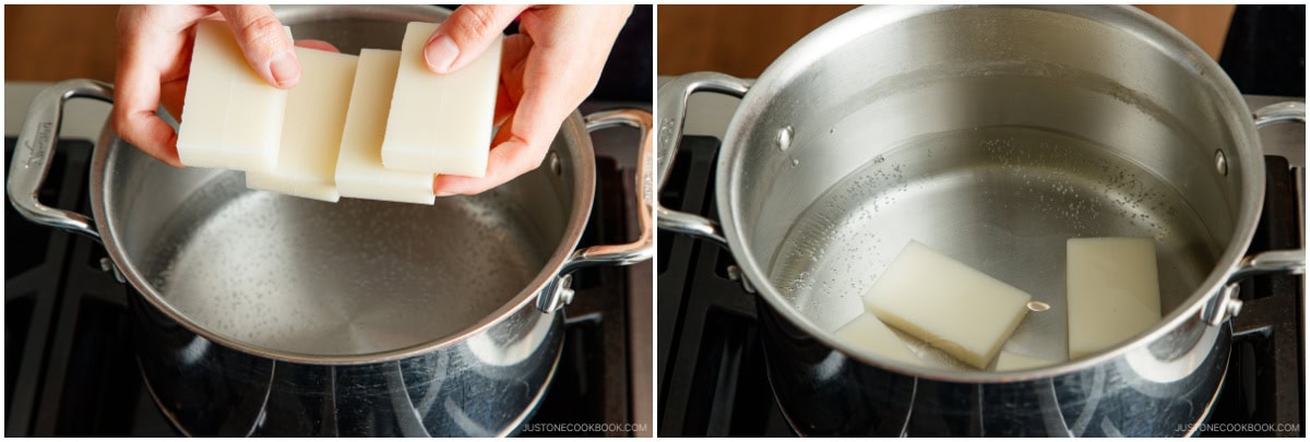 A person places rectangular pieces of white mochi into a pot of hot water on a stovetop; the next image shows the mochi softening and floating, being prepared for kinako mochi.