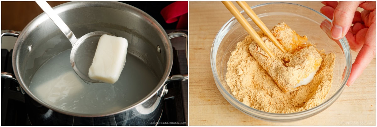 Left: A saucepan with a white mochi block being lifted from hot water with a ladle. Right: A hand uses chopsticks to coat the mochi in kinako powder, preparing delicious kinako mochi.