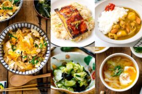 a collage of easy Japanese food recipes, featuring miso salmon, miso soup, japanese chicken curry, and sunomono