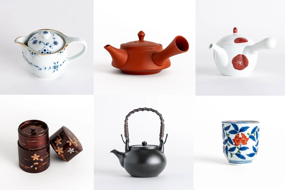 a collage of Japanese Teaware at JOC Goods, including Japanese teapots, tea cups, and tea caddy