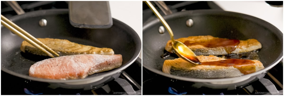 Cook the salmon and drizzle the teriyaki sauce over cooked salmon.