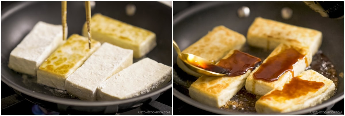 Cook the tofu and drizzle the teriyaki sauce over cooked tofu.