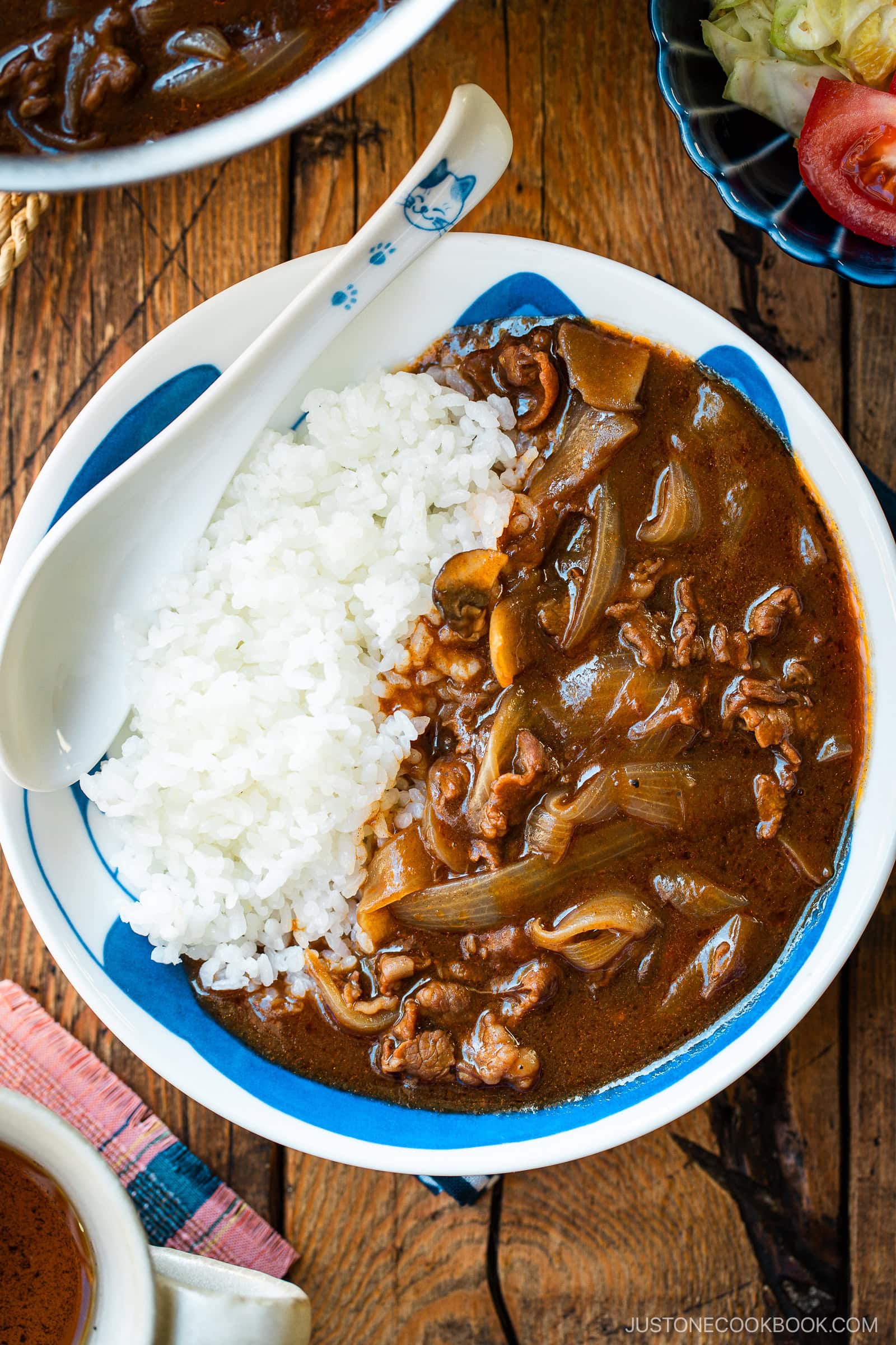 A round shallow bowl containing a bed of steamed rice and Hayashi Rice.