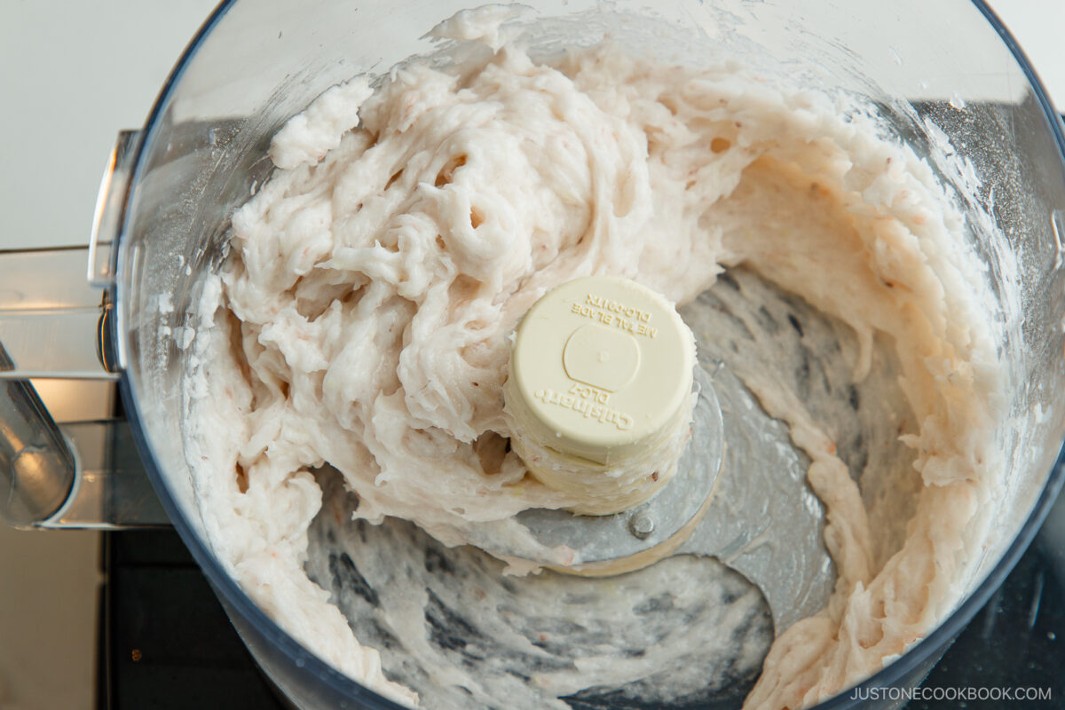 Shrimp paste after processed in the food processor.