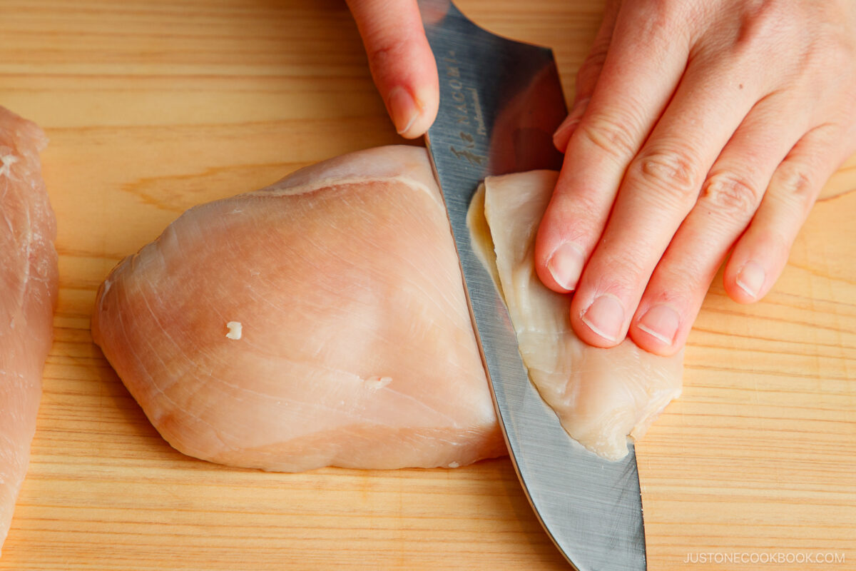 Slice the chicken in the angle.