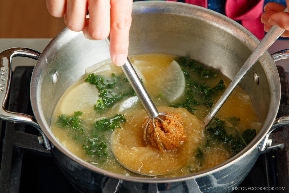 Add the miso to the soup stock.