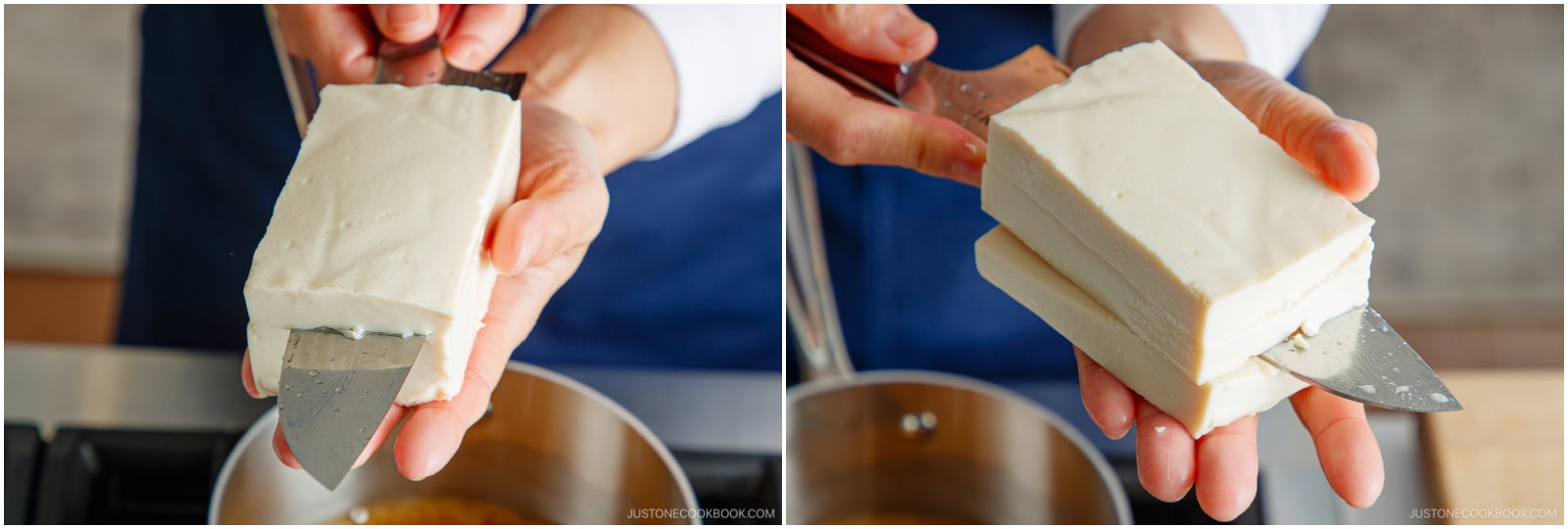 Two side-by-side photos show hands using precise Japanese cutting techniques to slice through a block of tofu, with the neatly cut pieces stacked on the blade above a cooking pot.