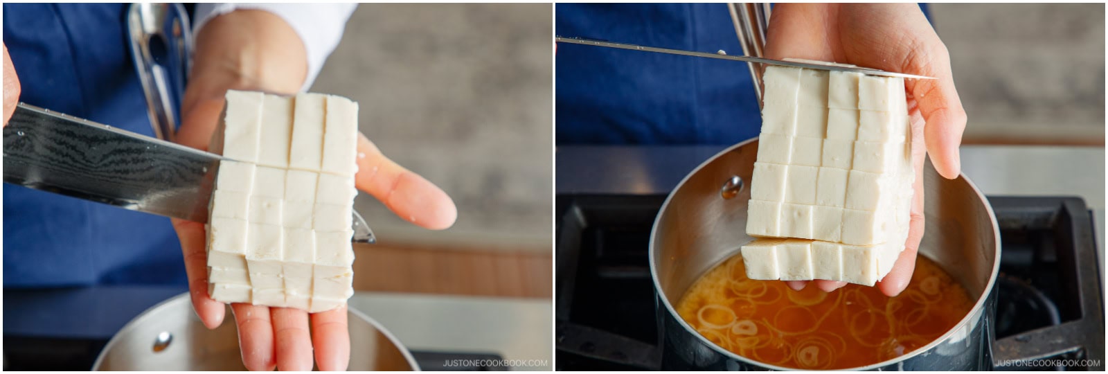 Utilizing Japanese cutting techniques & tips, a person slices tofu into precise cubes with a knife before gently dropping the cubed tofu into a pot of broth simmering on the stove.