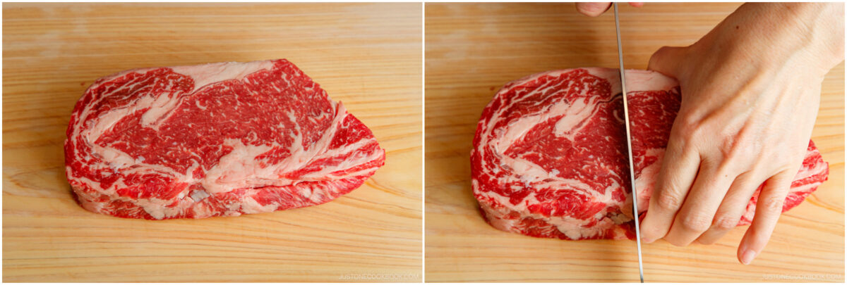 Preparing to thinly slice the ribeye and filet mignon.