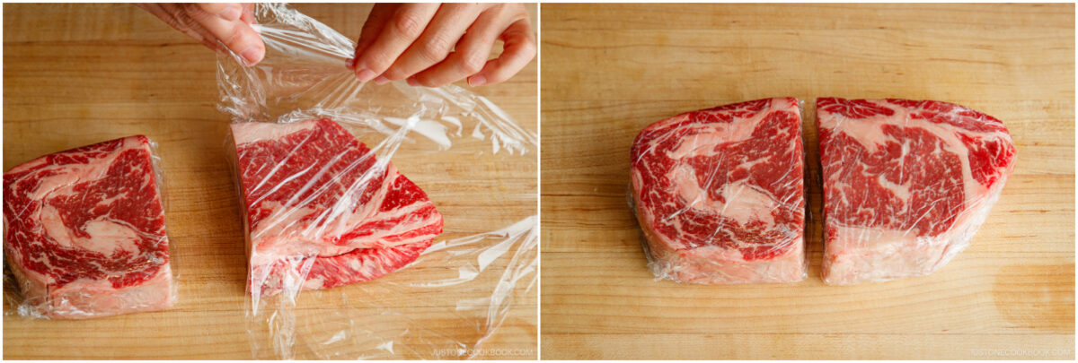 Preparing to thinly slice the ribeye and filet mignon.