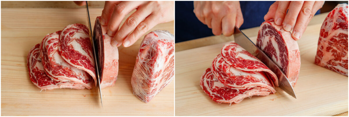 Slicing the block of the ribeye and filet mignon.