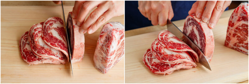 Slicing the block of the ribeye and filet mignon.