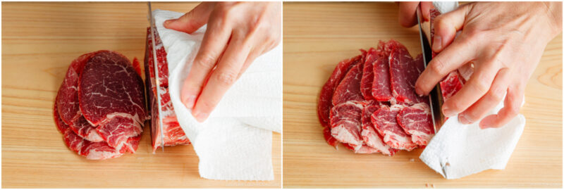 Slicing the block of the ribeye and filet mignon thinly.