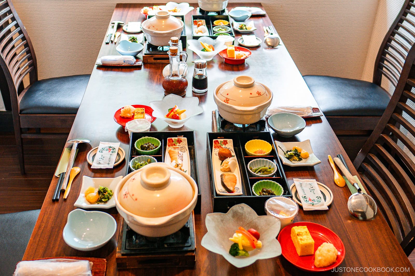 Japanese breakfast table spread.