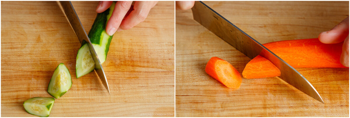 Close-up of hands using a knife to slice a cucumber on the left and a carrot on the right, both on a wooden cutting board—perfect for learning how to cut rangiri for even, angled pieces.