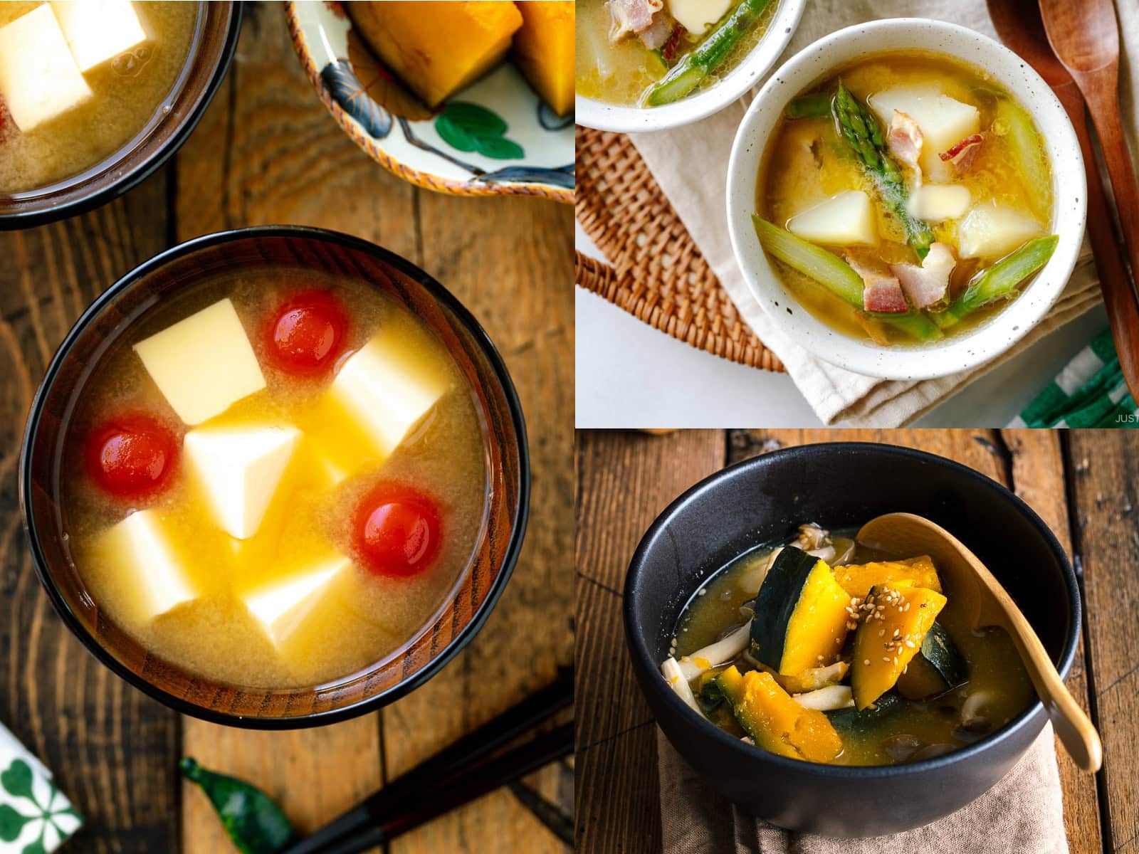 a collage of seasonal miso soup recipes