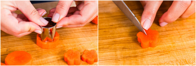 Two images: On the left, hands use a flower-shaped cutter on a carrot slice. On the right, a hand uses a knife to carve detailed lines on a flower-shaped carrot slice, all on a wooden cutting board.