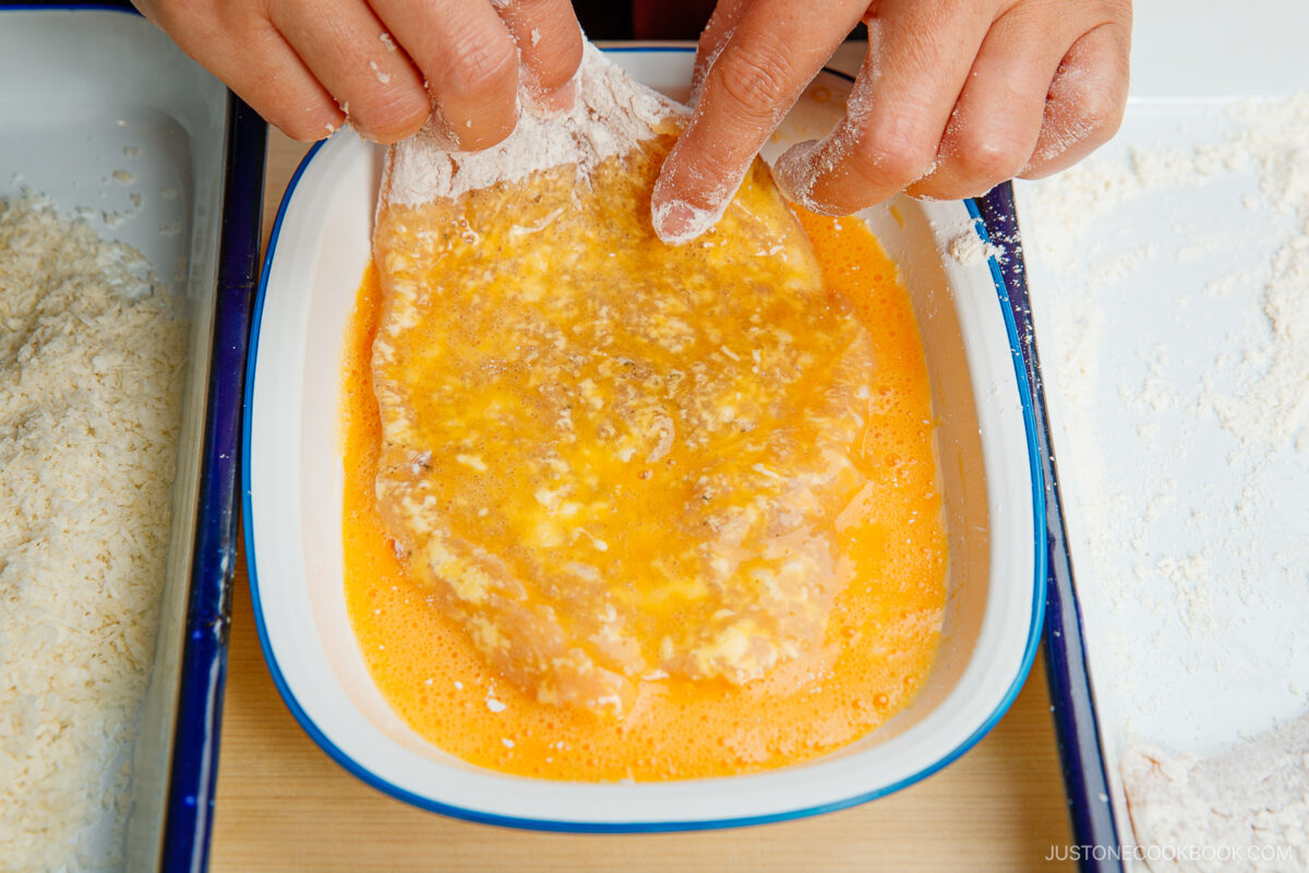 Dredging in egg mixture.