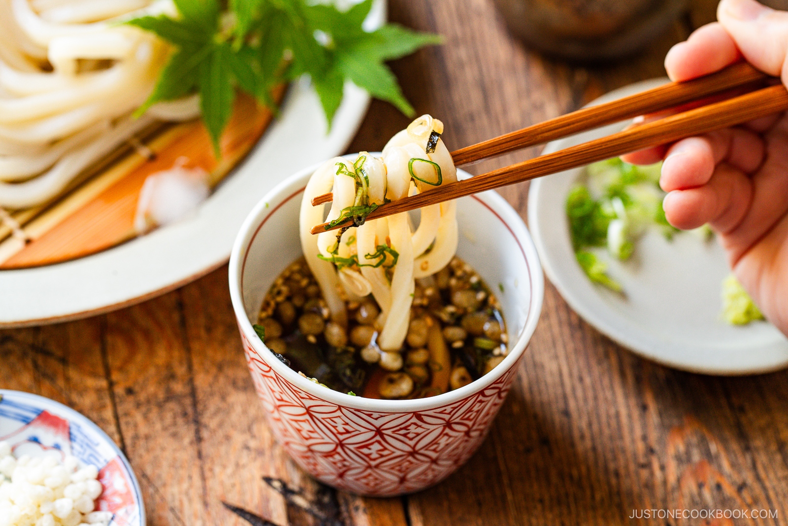 A hand uses chopsticks to dip thick udon noodles with chopped green onions into a cup of dipping sauce, with more noodles, garnishes, and dishes visible on a wooden table.