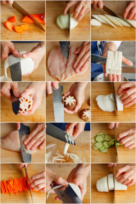 A collage showing hands using a knife to slice or chop various vegetables and mushrooms, including bell pepper, onion, daikon, chicken, lotus root, shiitake mushroom, cucumber, and carrot, on a wooden cutting board.