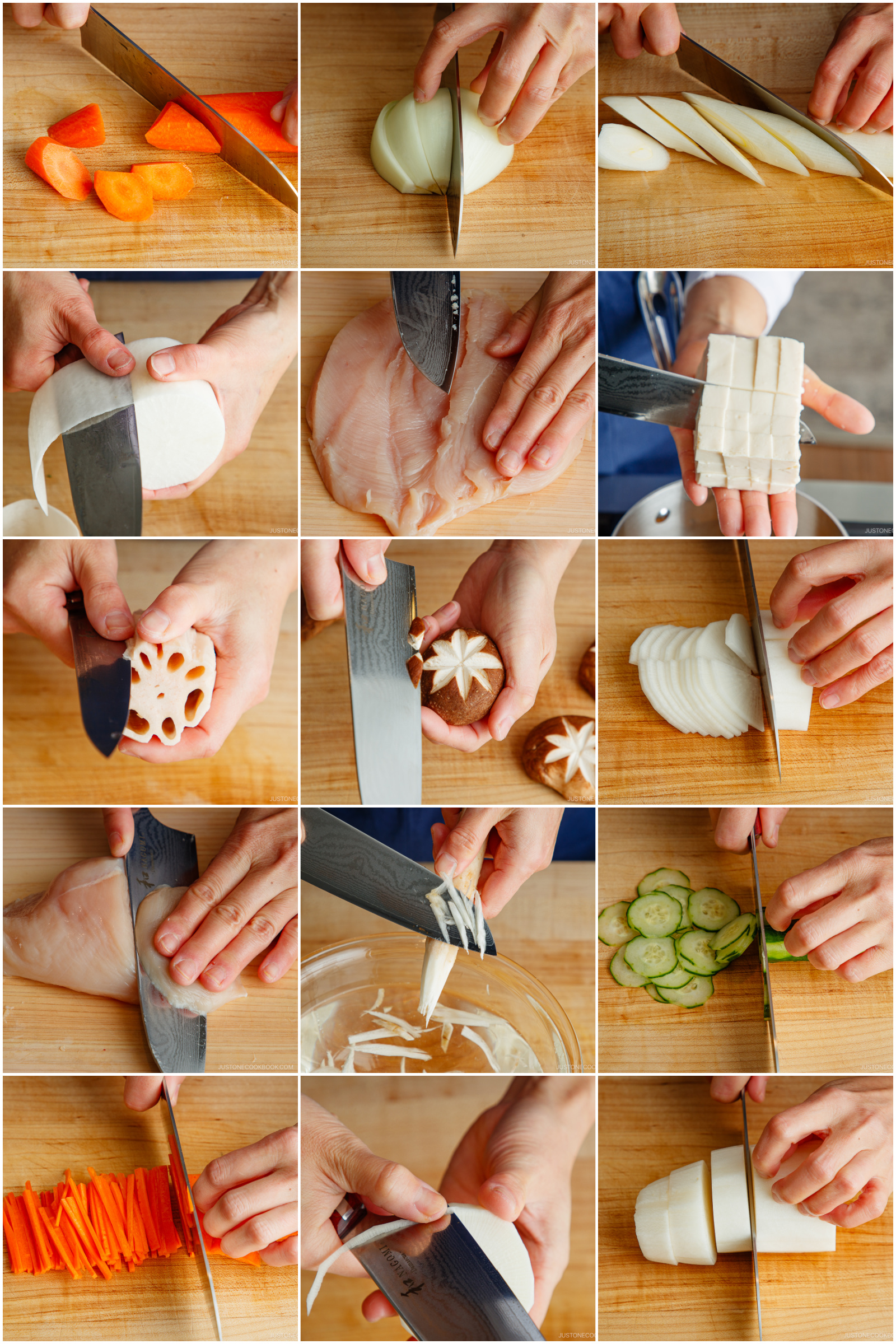 A collage showing hands using a knife to slice or chop various vegetables and mushrooms, including bell pepper, onion, daikon, chicken, lotus root, shiitake mushroom, cucumber, and carrot, on a wooden cutting board.