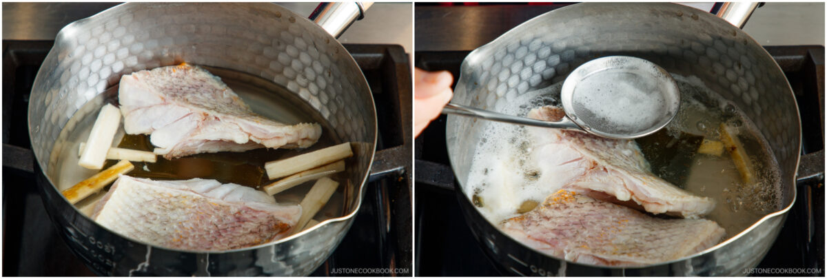Two side-by-side images show fish fillets and burdock sticks simmering in a pot; in the second image, a hand uses a ladle to skim off foam from the surface.