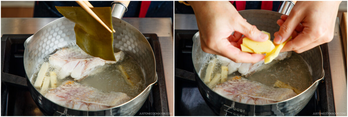 Two side-by-side images show a fish fillet simmering in a pot. On the left, a hand uses chopsticks to add a piece of kombu (kelp); on the right, hands add sliced ginger to the pot.