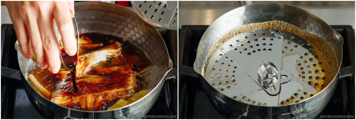 Side-by-side images: On the left, a hand pours liquid over fish simmering in a pot. On the right, a metal drop lid covers simmering liquid in the same pot on a stove.