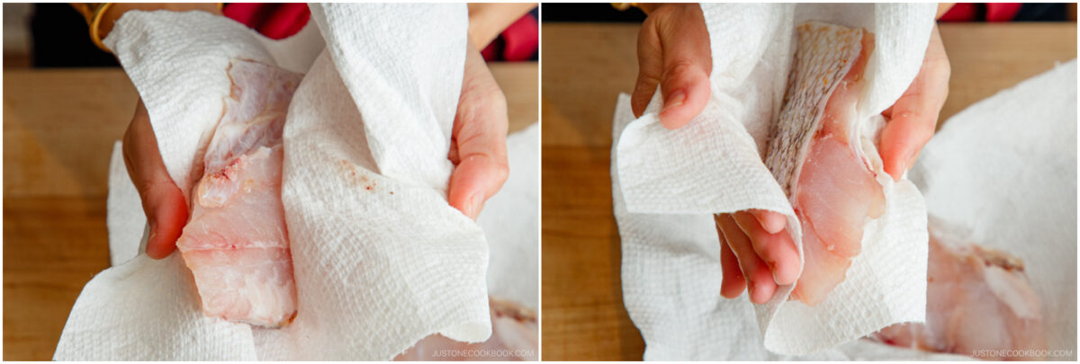 Two close-up images showing hands patting raw fish fillets dry with paper towels on a wooden surface.