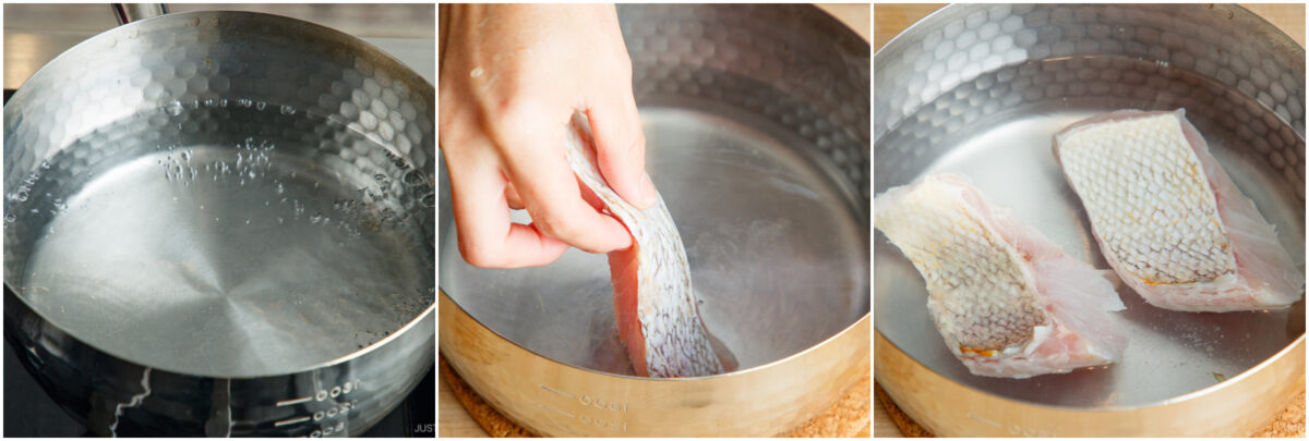 A three-panel image showing: a pot of simmering water, a hand placing a fish fillet skin-side down into the water, and two fish fillets cooking in the pot.