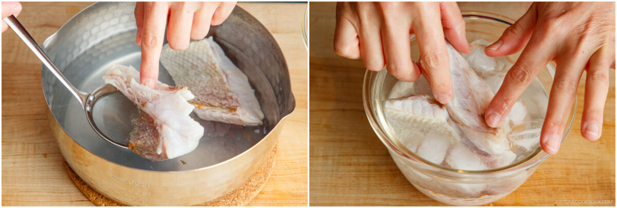 Two images: On the left, a hand places fish fillets into hot water with a ladle in a pot. On the right, another hand transfers the fillets into a bowl of ice water. Both are on a wooden surface.
