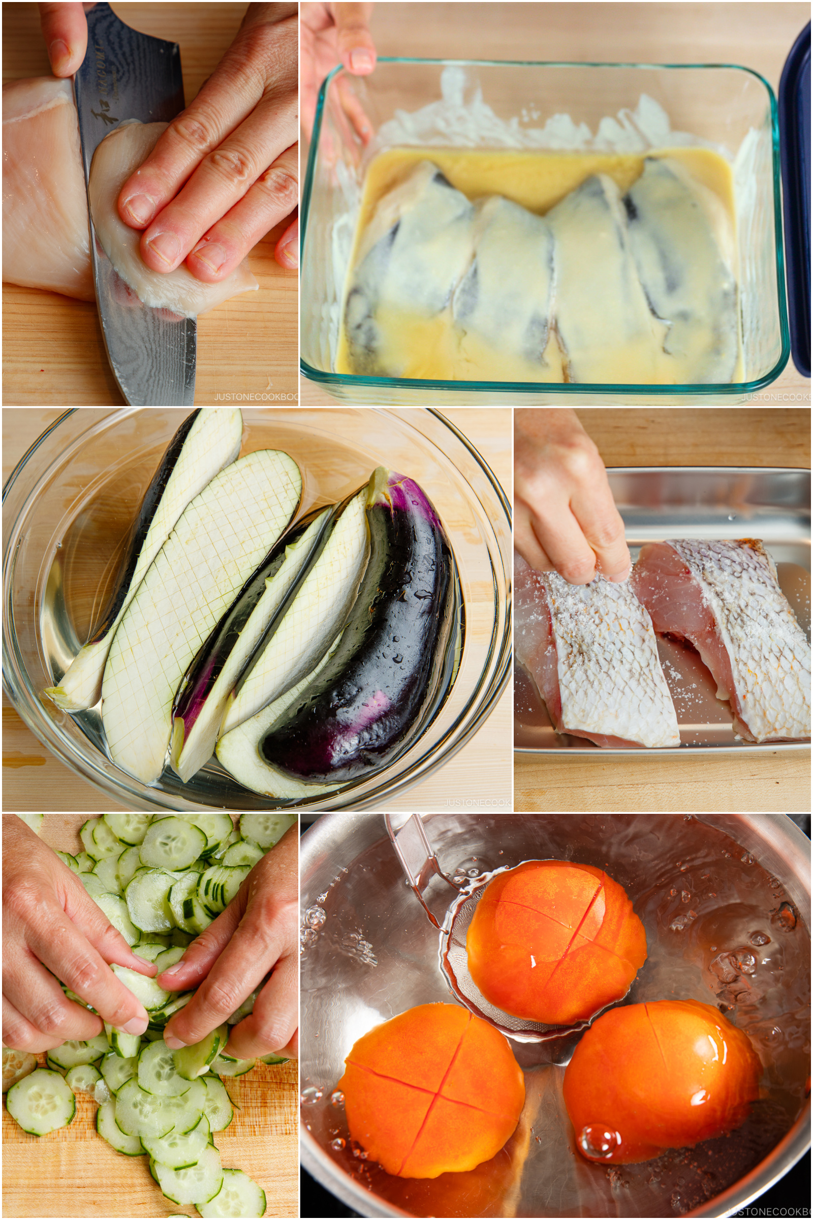 A collage shows: slicing fish fillet, marinating fish in sauce, slicing eggplant, scoring fish skin, slicing cucumber, and blanching tomatoes in boiling water with their skins cut crosswise.