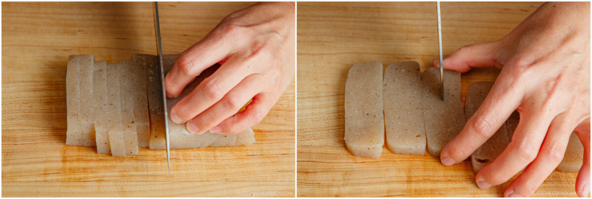 Two close-up images show hands slicing a gray, jelly-like block of konnyaku on a wooden cutting board with a knife. The left image shows horizontal cuts; the right image shows vertical cuts.