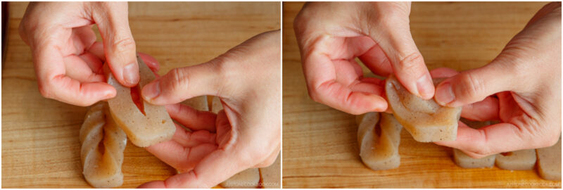 Two images show hands twisting and shaping pieces of gray konnyaku on a wooden surface, demonstrating how to make decorative twists in the konnyaku pieces.