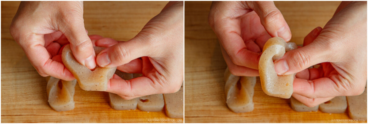 Two close-up images show hands twisting and shaping slices of grey konnyaku jelly on a wooden cutting board, preparing them for cooking.
