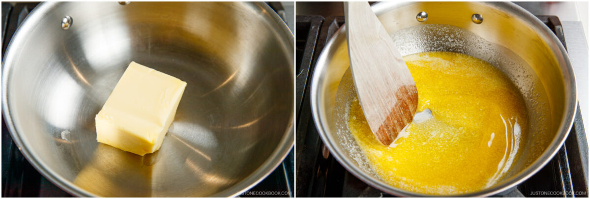 Side-by-side images: on the left, a block of butter in a stainless steel pan; on the right, the butter is melting and being stirred with a wooden spatula.