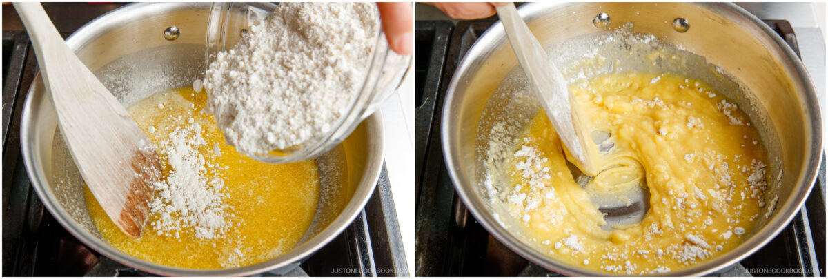 A person adds flour to melted butter in a saucepan on the stove, then stirs the mixture with a wooden spatula to form a roux.