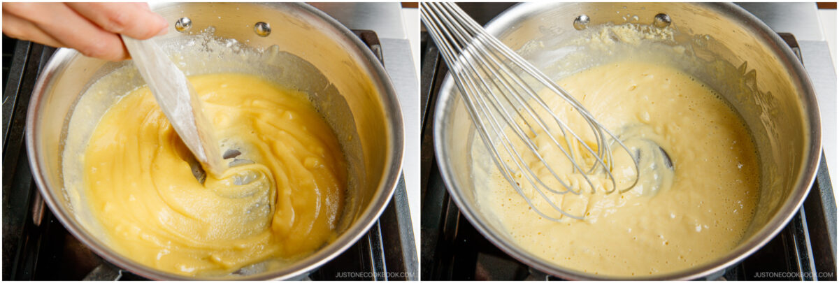 Two images side by side: On the left, a hand stirs a thick yellow roux in a pot with a wooden spatula; on the right, a whisk mixes the smoother roux in the same pot as it cooks on the stove.