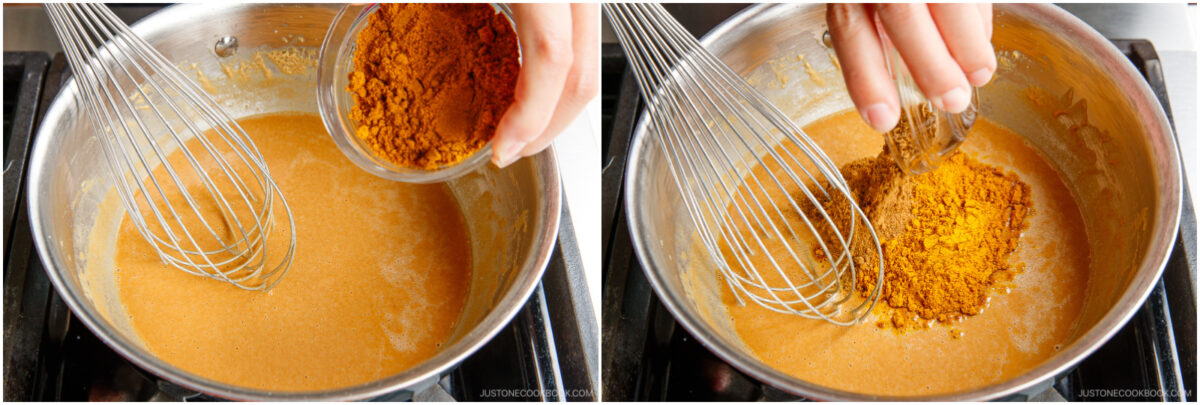 A hand adds ground spices to a saucepan with a whisk and thick sauce on a stovetop, shown in two side-by-side images with slightly different spices being poured in.